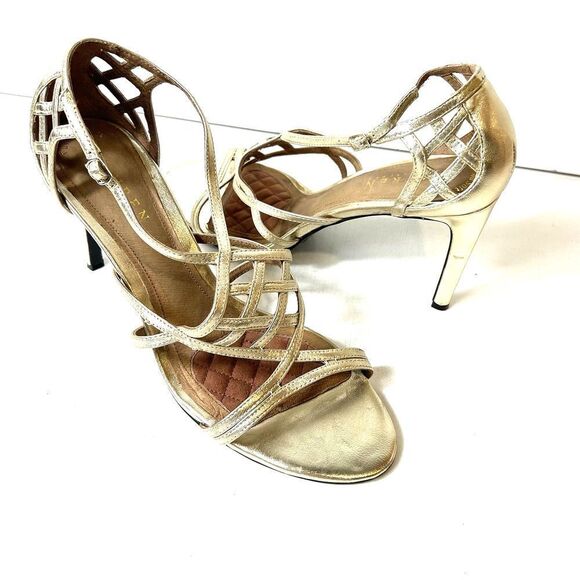 Lauren Ralph Lauren Womens Sz 9.5 B Gold Leather Strappy Open Toe Stiletto Heels - Picture 1 of 9